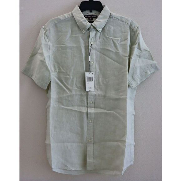 Michael Kors Men's Sz M Pale Green Slim-Fit Yarn-Dyed Button Up Linen Shirt $90 - Picture 1 of 7